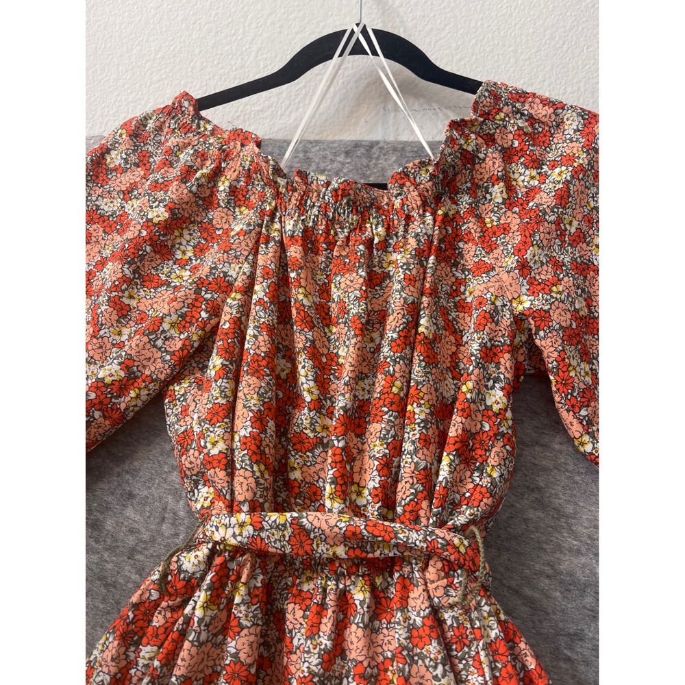 LOFT Outlet Orange Red Floral Long Sleeve Mini Dress Belted Size 2 - Picture 14 of 15